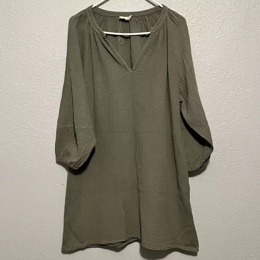 Nation Puffy Sleeves Gauze Oversized Dress Olive Green Lagenlook Made in USA S
